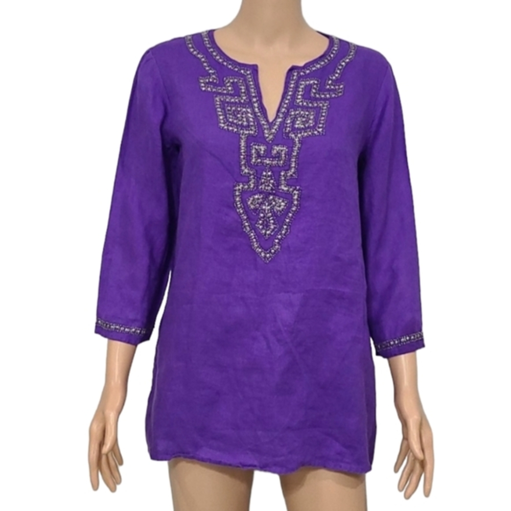 CHICO’S WOMENS PURPLE LINEN TUNIC TOP SZ 0 (US 4-6) EMBELLISHED‎ BOHO